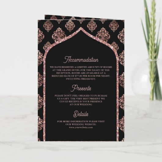 ブラックバラ金ゴールドダマスクアーチQRコードムスリム結婚ズ 招待状 (裏面)