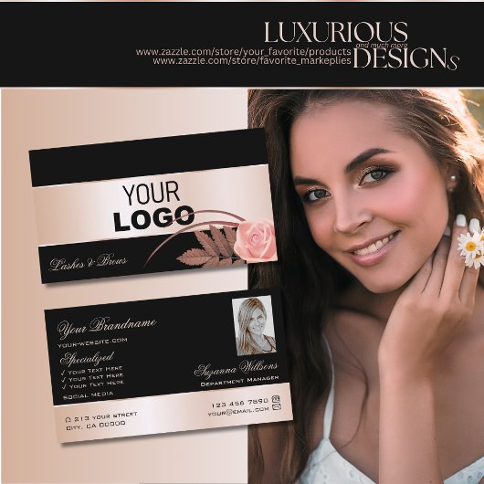 ブラックバラ金ゴールドデカール可愛い花ロゴ写真 名刺