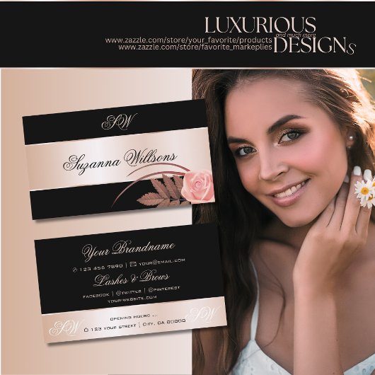 ブラックバラ金ゴールドデコールかわいい花とイニシャル 名刺