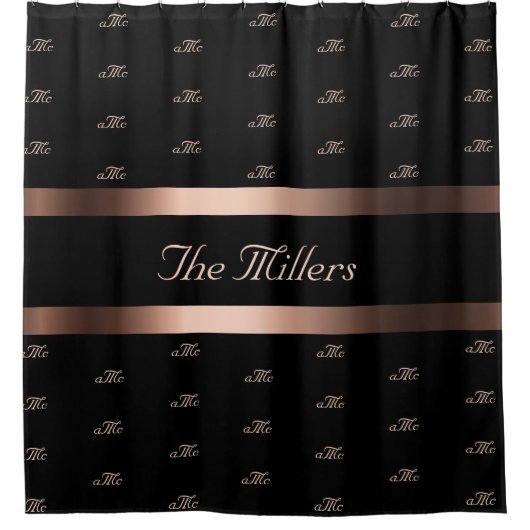 ブラックバラ金ゴールドファミリーのモノグラムエレガント模様 シャワーカーテン (正面)