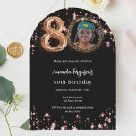 ブラックバラ金ゴールドフォトスター80th birthday arch 招待状<br><div class="desc">A modern,  stylish photo invitation for a 80th birthday party. A classic black background,  decorated with rose gold stars. Personalize and add your party details.</div>
