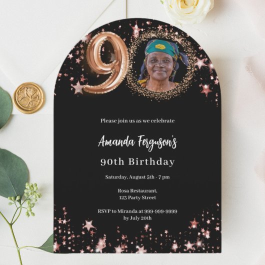 ブラックバラ金ゴールドフォトスター90th誕生日アーチ 招待状