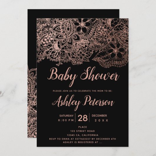ブラックバラ金ゴールドフローラタイポグラフィベビーシャワー 招待状 (正面/裏面)