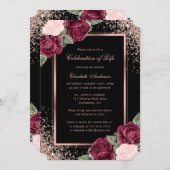 ブラックバラ金ゴールドフローラフォトお祝いオブ・ライフ 招待状 (正面/裏面)