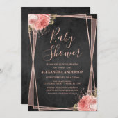 ブラックバラ金ゴールドフローラ幾何学的ベビーシャワー 招待状 (正面/裏面)