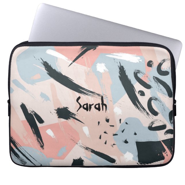 ブラックバラ金ゴールドブルーアブストラクションモノグラム名 ラップトップスリーブ (正面)