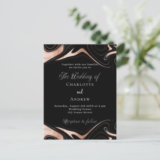 ブラックバラ金ゴールドモダンマーブル結婚ズ インビテーションポストカード (スタンド正面)