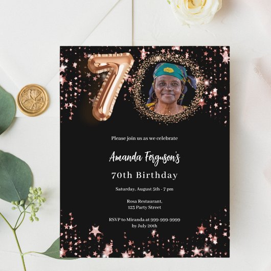 ブラックバラ金ゴールド写真70th birthday invitation