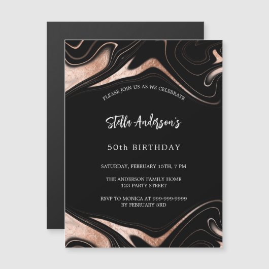 ブラックバラ金ゴールド大理石ラグジュアリーモダン誕生日 マグネット招待状 (正面/裏面)