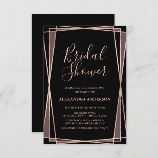 ブラックバラ金ゴールド幾何学的ブライダルシャワー 招待状 (正面/裏面)