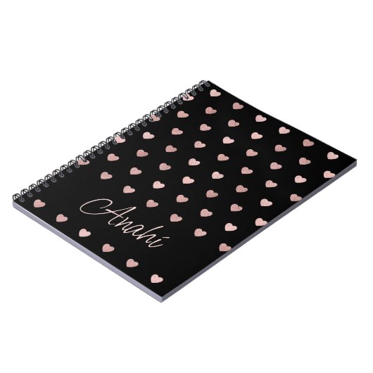 ブラックバラ金ゴールド水玉模様ハート パーソナライズされた ノートブック (左側)