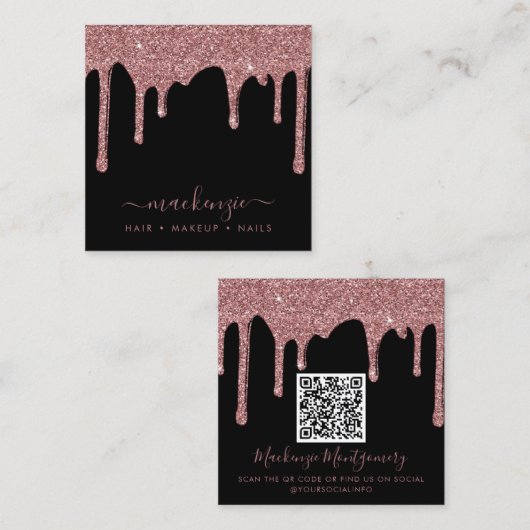 ブラックバラ金ゴールド滴下グリッターQRコード スクエア名刺 (正面/裏面)