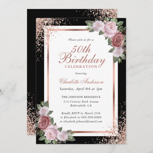 ブラックバラ金ゴールド赤面ピンクフローラ50誕生日 招待状 (正面/裏面)