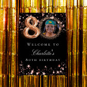 ブラックバラ金ゴールド80th photo birthday party welcome ポスター