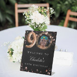 ブラックバラ金ゴールド90th photo birthday party welcome 台座サイン<br><div class="desc">90歳の誕生日パーティーのウェルカムサイン。黒い背景とバラ金ゴールド色の星。名前と写真をカスタマイズして追加する。</div>
