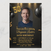 ブラックバルーンとゴールドの紙吹雪の写真 50歳の誕生日 招待状 (正面)