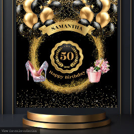 ブラックバルーン金ゴールドグリッター50th誕生日パーティー タペストリー