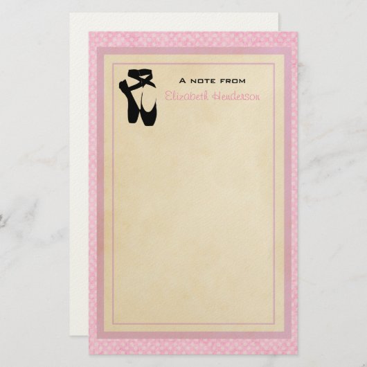 ブラックバレエシューズアンポインテオンピンク水玉模様 便箋 (正面/裏面)