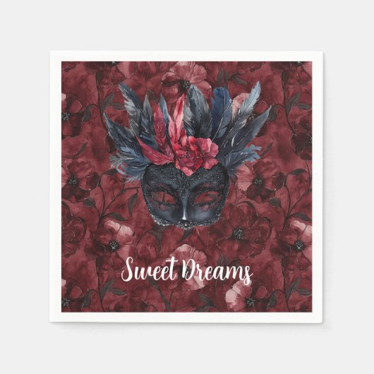 ブラックバーガンディーレッドフェザーズマスク ブライダルシャワー スタンダードカクテルナプキン (正面)