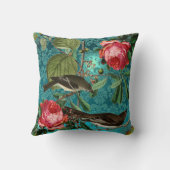 ブラックバード、ピンクローゼアクアブルー、ティール（緑がかった色）ダマスク クッション (裏面)