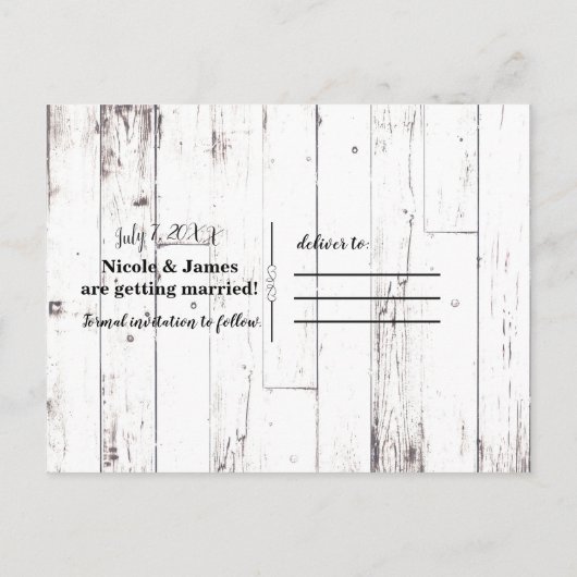 ブラックバーンホワイトウッド素朴ウェディング日付を保存 案内ポストカード (裏面)