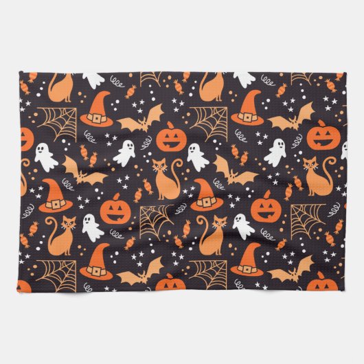 ブラックバ図解入りの、写真付きのッグ上の可愛いハロウィンキャラクター キッチンタオル (横)