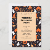 ブラックバ図解入りの、写真付きのッグ上の可愛いハロウィンキャラクター 招待状 (正面)