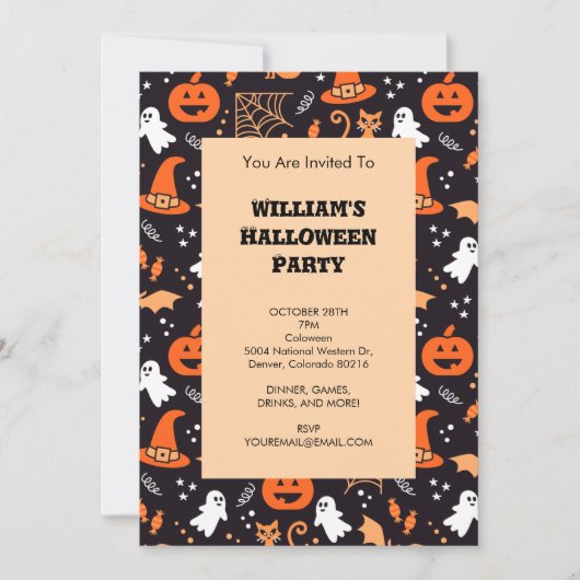 ブラックバ図解入りの、写真付きのッグ上の可愛いハロウィンキャラクター 招待状 (正面)