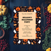 ブラックバ図解入りの、写真付きのッグ上の可愛いハロウィンキャラクター 招待状