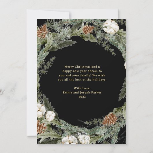 ブラックパエレガントインリース |金ゴールドメリークリスマス シーズンカード (裏面)