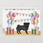 ブラックパグカートゥーンドッグパステルカラフルズ誕生日 招待状 (正面/裏面)