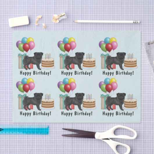 ブラックパグキュート漫画の犬カラフル誕生日 薄葉紙 (クラフト)