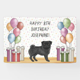 ブラックパグドッグパカラフルステルハッピーバースデー 横断幕