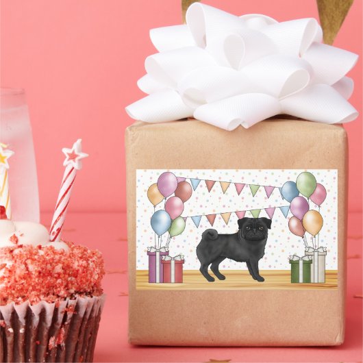 ブラックパグドッグパステルカラフル誕生日バルーン 長方形シール (パーティー)