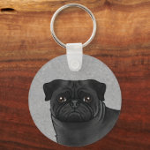 ブラックパグモップスドッグヘッドクローズアップと名前をカスタムする キーホルダー (正面)
