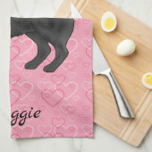 ブラックパグ犬かわいいモップと名前のピンクのハート キッチンタオル (四つ折り)