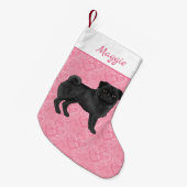 ブラックパグ犬かわいいモップと名前のピンクのハート スモールクリスマスストッキング (正面 (吊り時))