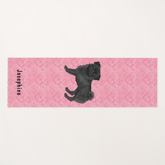 ブラックパグ犬かわいいモップと名前のピンクのハート ヨガマット (正面(横))