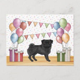 ブラックパグ犬のカラフルなパステル誕生日風船 ポストカード