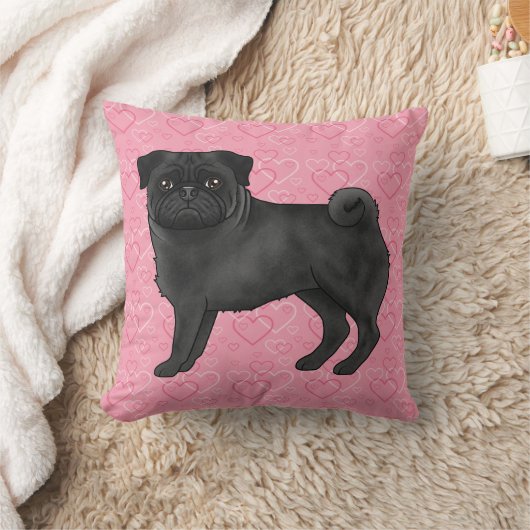 ブラックパグ犬の漫画モップピンクの愛のハートパターン クッション (ブランケット)