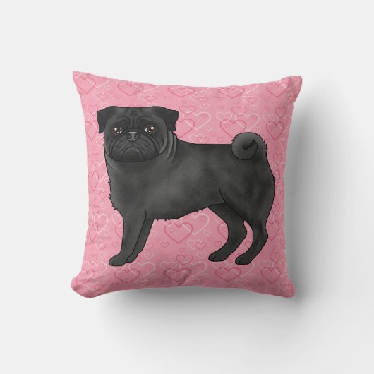 ブラックパグ犬の漫画モップピンクの愛のハートパターン クッション (正面)