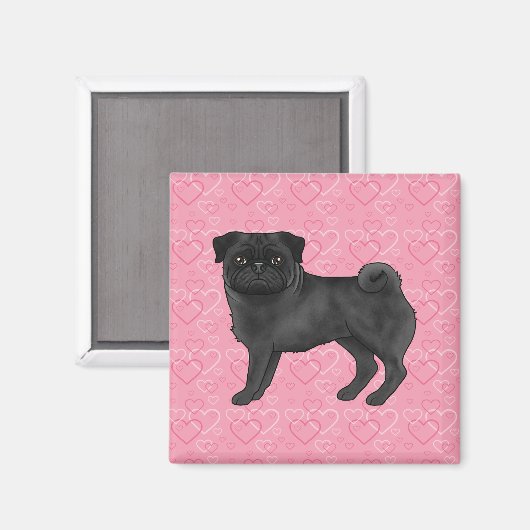 ブラックパグ犬の漫画モップピンクの愛のハートパターン マグネット (正面/裏面)