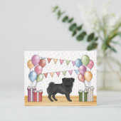 ブラックパグ犬 カラフルなパステル 誕生日風船 ポストカード (スタンド正面)