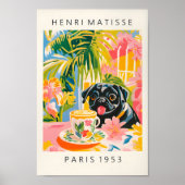 ブラックパグ飲みコーヒー、おもしろい犬プリント、アステア ポスター (正面)