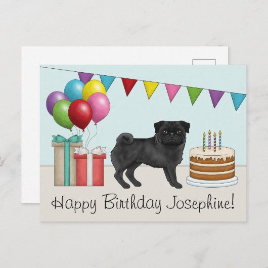 ブラックパグ かわいい漫画の犬 カラフル ハッピーバースデー ポストカード (正面/裏面)