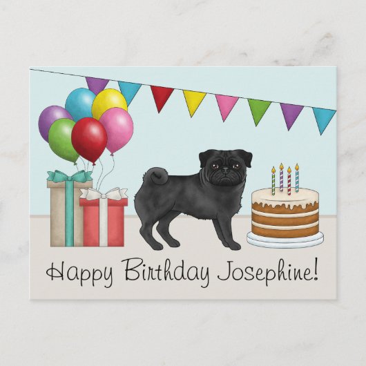 ブラックパグ かわいい漫画の犬 カラフル ハッピーバースデー ポストカード (正面)