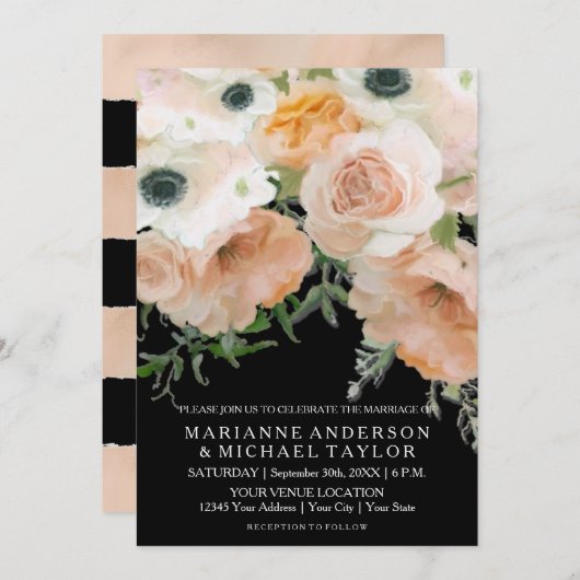 ブラックパステル花びら英語フローラバラ結婚ズ 招待状 (正面/裏面)