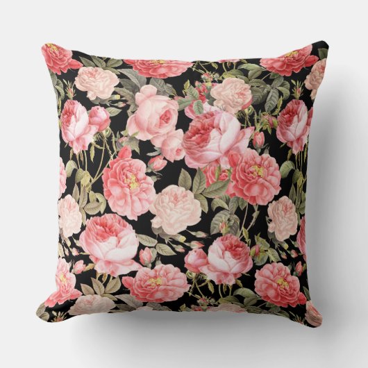 ブラックパタビクトリアンーン上のピンクバラ クッション (正面)