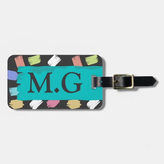 ブラックパターカラフルンモノグラム上のブラシストローク ラゲッジタグ (正面横)