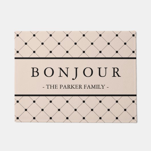 ブラックパターンのシックなソフトピンク点々のあるボンジュール ドアマット (正面)